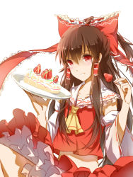 Rule 34 | 1girl, a luo, ascot, bow, brown hair, cake, collarbone, detached sleeves, food, fruit, hair bow, hair tubes, hakurei reimu, happy, highres, long sleeves, midriff, plate, red eyes, shirt, simple background, skirt, smile, solo, strawberry, touhou, white background, wide sleeves, xyj