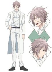 Rule 34 | 1boy, ahoge, closed mouth, gloves, graham de fallon, grey hair, jacket, long hair, looking at viewer, oegwauisa elise, pants, purple eyes, serious, shirt, shoes, solo, very long hair, white background, white gloves, white jacket, white pants, white shirt