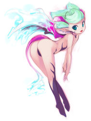 Rule 34 | 1girl, aqua eyes, ass, bad id, bad pixiv id, bent over, bodypaint, eye contact, flat chest, green hair, legs, looking at another, looking back, mizuki kotora, open mouth, original, pointy ears, short hair, smile, solo, tail, tattoo, wings