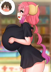 Rule 34 | 1boy, 1girl, absurdres, aida taketo, ass, blood, blush, breasts, cleavage, collarbone, dragon girl, dragon horns, drill hair, gradient hair, highres, horns, huge breasts, ilulu (maidragon), kobayashi-san chi no maidragon, long hair, looking at another, multicolored hair, no bra, nosebleed, pink eyes, pink hair, shirt, shortstack, smile, the only shoe, twin drills, twintails