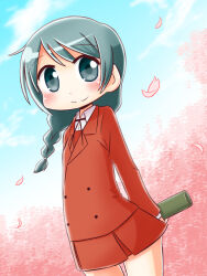 Rule 34 | 1girl, arm behind back, black ribbon, blue sky, blush, braid, closed mouth, cloud, collared shirt, commentary request, day, dress shirt, floating hair, grey eyes, grey hair, hidamari sketch, jacket, long hair, naga u, natsume (hidamari sketch), neck ribbon, outdoors, petals, pleated skirt, red jacket, red skirt, ribbon, school uniform, shirt, single braid, skirt, sky, smile, solo, standing, tube, white shirt