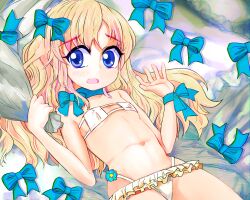 Rule 34 | 1girl, absurdres, bare shoulders, bed sheet, bikini, blonde hair, blue bow, blue choker, blue eyes, blue flower, bow, breasts, choker, covered erect nipples, eyepatch bikini, flower, furrowed brow, hair bow, hands up, highres, long hair, looking to the side, lying, navel, on back, open mouth, original, pillow, small breasts, solo, swimsuit, tsukiyono aroe, underboob, white bikini, wrist bow