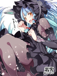 Rule 34 | 1girl, blue hair, bonnet, character name, cosplay, dress, frilled dress, frills, headgear, highres, isolated island oni, isolated island oni (cosplay), jewelry, kantai collection, long hair, murakumo (kancolle), open mouth, orange eyes, pantyhose, ring, solo, super zombie, translation request, twitter username, very long hair, wedding band, wedding ring
