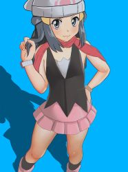 Rule 34 | 1girl, aruman, bare shoulders, beanie, black shirt, black socks, blue background, blue eyes, blue hair, blush, boots, bracelet, creatures (company), dawn (pokemon), female focus, flat chest, game freak, hair ornament, hairclip, hand on own hip, hand up, hat, highres, jewelry, kneehighs, long hair, looking at viewer, matching hair/eyes, nintendo, pink footwear, pink skirt, poke ball theme, pokemon, pokemon dppt, red neckwear, scarf, shirt, simple background, skirt, sleeveless, sleeveless shirt, smile, socks, solo, standing, white hat