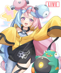 Rule 34 | 1girl, :d, bellibolt, blue hair, blush, character hair ornament, coletta (colet colettia), commentary request, creatures (company), eyelashes, game freak, grey pantyhose, grey shirt, hair ornament, highres, iono (pokemon), jacket, long hair, multicolored hair, nintendo, open mouth, pantyhose, pink hair, pokemon, pokemon (creature), pokemon sv, sharp teeth, shirt, single leg pantyhose, sleeveless, sleeveless shirt, sleeves past fingers, sleeves past wrists, smile, teeth, thigh strap, two-tone hair, upper teeth only, yellow jacket