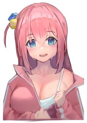 Rule 34 | 1girl, absurdres, bare shoulders, blue eyes, blush, bocchi the rock!, breasts, cube hair ornament, gotoh hitori, hair between eyes, hair ornament, hakusyokuto, highres, jacket, large breasts, long hair, long sleeves, looking at viewer, one side up, open mouth, pink hair, pink jacket, pink track suit, simple background, smile, tears, track jacket, white background
