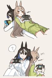 Rule 34 | 2girls, :t, ?, animal ears, ashinowoto, back-to-back, between breasts, blush, breasts, brown hair, closed mouth, commentary request, furrowed brow, handheld game console, highres, holding, holding handheld game console, horse ears, kitasan black (umamusume), light brown hair, long hair, long sleeves, lying, lying on person, medium breasts, medium hair, multicolored hair, multiple girls, nintendo switch, on back, on stomach, orange eyes, pajamas, playing games, pout, satono diamond (umamusume), sega game gear, simple background, sleepwear, smile, spoken question mark, squiggle, two-tone hair, umamusume, very long hair, white hair