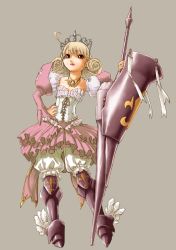 Rule 34 | 1girl, :o, beige background, belt, blonde hair, bloomers, brown eyes, buckle, dress, expressionless, fantasy, frills, full body, grey background, lance, long hair, looking at viewer, open mouth, original, pink dress, polearm, shaded face, shield, simple background, solo, standing, tiara, twintails, underwear, weapon, white bloomers