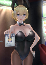 Rule 34 | 1girl, absurdres, animal ears, bare shoulders, black bow, black leotard, black pantyhose, blonde hair, blue eyes, bow, bowtie, breasts, brown pantyhose, chair, cleavage, collarbone, commentary request, covered navel, cowboy shot, cuffs, detached collar, door, exit sign, fake animal ears, girls&#039; frontline, groin, hair between eyes, hair ornament, handcuffs, highres, holding, holding handcuffs, id card, indoors, itsuki toiro, large breasts, leotard, looking at viewer, no mole, open mouth, pantyhose, playboy bunny, rabbit ears, scribble, short hair, sidelocks, slot machine, snowflake hair ornament, solo, standing, strapless, strapless leotard, teeth, vsk-94 (girls&#039; frontline)