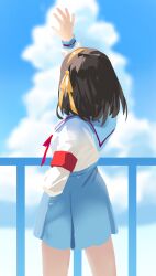 Rule 34 | 1girl, absurdres, arm up, armband, black hair, blue skirt, blue sky, blurry, cloud, commentary request, cowboy shot, cumulonimbus cloud, day, depth of field, facing away, from behind, hair ribbon, highres, medium hair, outdoors, red armband, ribbon, school uniform, shirt, shirt tucked in, shortofsugar, skirt, sky, solo, suzumiya haruhi, suzumiya haruhi no yuuutsu, white shirt, yellow ribbon