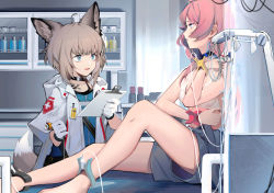 Rule 34 | 2girls, aniao ya, animal ear fluff, animal ears, arknights, black shorts, blue eyes, blue poison (arknights), bra, choker, clinic, clipboard, coat, collarbone, cross, feet out of frame, fox ears, fox girl, fox tail, gloves, highres, holding, holding clipboard, indoors, infection monitor (arknights), lab coat, long hair, looking at another, material growth, multiple girls, open clothes, open coat, oripathy lesion (arknights), pink hair, red cross, short hair, short sleeves, shorts, sitting, sussurro (arknights), tail, underwear, upper body, white bra, white coat, white gloves