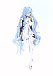 Rule 34 | 1girl, alternate hair length, alternate hairstyle, andersonalac, ayanami rei, blue hair, bodysuit, breasts, chinese commentary, commentary request, full body, hairpods, highres, interface headset, long hair, looking to the side, medium breasts, mixed-language commentary, neon genesis evangelion, partial commentary, plugsuit, red eyes, simple background, sitting, solo, spoilers, very long hair, white background, white bodysuit