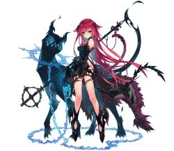 1girl bare_shoulders bear_trap black_footwear chain closed_mouth da-kuro expressionless green_eyes hair_ornament highres holding holding_staff long_hair looking_at_viewer no_socks official_art phantom_of_the_kill red_hair skirt solo staff standing ta_ga_tame_no_alchemist thighs transparent_background zwei_(ta_ga_tame_no_alchemist)