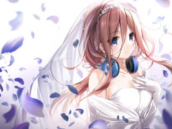 Rule 34 | 1girl, absurdres, artist name, blue eyes, blush, breasts, bridal veil, brown hair, cleavage, closed mouth, commentary request, dated, dress, go-toubun no hanayome, hair between eyes, hand on own chest, headphones, highres, karory, long hair, looking at viewer, medium breasts, nakano miku, petals, simple background, smile, solo, strapless, strapless dress, upper body, veil, wedding dress, white background, white dress