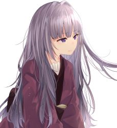Rule 34 | 1girl, absurdres, alternate hair length, alternate hairstyle, black sash, commentary request, hair intakes, highres, japanese clothes, kimono, light particles, long hair, long sleeves, mimoto (aszxdfcv), no headwear, obi, purple eyes, purple hair, red kimono, sash, simple background, solo, sukuna shinmyoumaru, touhou, upper body, very long hair, white background, wide sleeves