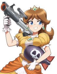 Rule 34 | 1girl, aircraft, airplane, blue eyes, bomb, bomber (kirby), breast rest, breasts, brooch, brown hair, crown, dress, earrings, explosive, female focus, flower earrings, frilled dress, frills, gem, gloves, grin, gun, hand on own hip, hand up, highres, holding, holding gun, holding weapon, jewelry, kirby (series), long hair, mario (series), medium breasts, neck, nintendo, orange dress, princess, princess daisy, puffy short sleeves, puffy sleeves, short hair, short sleeves, simple background, smile, solo, standing, super mario land, super scope, super smash bros., takahashi umori, thighhighs, tomboy, upper body, weapon, white gloves, yellow dress