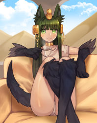 Rule 34 | 1girl, absurdres, animal ears, anubis (monster girl encyclopedia), blush, character request, closed mouth, commission, cup, dog ears, dog tail, green eyes, green hair, highres, holding, holding cup, long hair, looking at viewer, monster girl, monster girl encyclopedia, panties, sitting, smile, solo, sookmo, tail, tail raised, tea, teacup, underwear