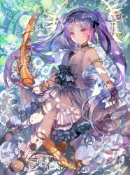 Rule 34 | 1girl, bare shoulders, black ribbon, blush, closed mouth, commentary request, dress, euryale (fate), euryale (third ascension) (fate), fantasy, fate/hollow ataraxia, fate (series), flower, full body, hair flower, hair ornament, hairband, headdress, highres, holding, jewelry, lolita hairband, long hair, looking at viewer, purple eyes, purple hair, ribbon, rioka (southern blue sky), shoes, smile, solo, thighlet, toeless footwear, twintails, very long hair, water drop, white dress