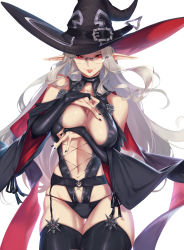 Rule 34 | 1girl, bare shoulders, black hat, black nails, black panties, black thighhighs, blueorca, breasts, bridal gauntlets, cropped, eyes visible through hair, fingernails, garter belt, glasses, grey hair, hat, highres, long hair, mole, mole under mouth, nail polish, navel, original, panties, panties over garter belt, parted lips, pink lips, pointy ears, red eyes, simple background, skindentation, smile, solo, thighhighs, underwear, white background, witch