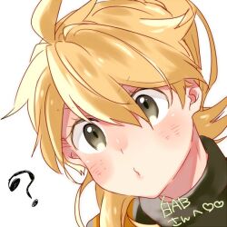 Rule 34 | 1girl, ?, ahoge, blonde hair, blush, closed mouth, commentary request, creatures (company), eyelashes, game freak, hair between eyes, heart, long hair, marutoko45, nintendo, pokemon, pokemon adventures, portrait, puckered lips, shirt, solo, white background, yellow (pokemon)