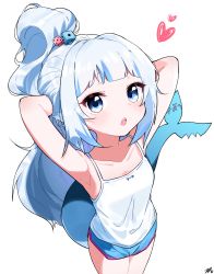 Rule 34 | 1girl, arms behind head, arms up, bare arms, bare shoulders, blue hair, blue shorts, blush, camisole, collarbone, commentary, dice hair ornament, english commentary, eyebrows hidden by hair, fins, fish tail, gawr gura, hair ornament, heart, high ponytail, highres, hololive, hololive english, looking at viewer, multicolored hair, open mouth, ponytail, shark tail, sharp teeth, short shorts, shorts, signature, simple background, solo, standing, streaked hair, tail, teeth, tosyeo, virtual youtuber, white background, white camisole, white hair
