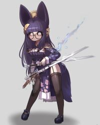 Rule 34 | 1girl, absurdres, ahoge, animal ears, black sclera, black thighhighs, bow, bowtie, colored sclera, commission, copyright request, dress, glasses, grey background, highres, holding, holding sword, holding weapon, hwaryeok, jewelry, long hair, multiple swords, purple bow, purple dress, purple hair, sidelocks, solo, sword, tail, thigh strap, thighhighs, weapon, white eyes