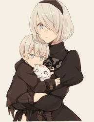 Rule 34 | 1boy, 1girl, aged down, biting, black dress, black gloves, black hairband, black jacket, black ribbon, blue eyes, breasts, buckle, child, cleavage cutout, clenched teeth, closed mouth, clothing cutout, dress, emil (nier), gloves, hair over one eye, hairband, jacket, juliet sleeves, kurosawa kazuto, long sleeves, looking at viewer, mole, mole under mouth, nier:automata, nier (series), no blindfold, open mouth, puffy sleeves, ribbon, short hair, side slit, silver hair, simple background, teeth, turtleneck, upper body, 2b (nier:automata), 9s (nier:automata)