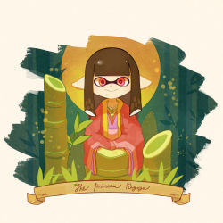 Rule 34 | 1girl, :&gt;, absurdres, bamboo, bamboo forest, black hair, blunt bangs, closed mouth, copyright name, english text, female focus, flat chest, forest, full moon, happy, highres, hime cut, inkling, inkling girl, inkling player character, japanese clothes, kimono, long hair, long sleeves, looking at viewer, moon, nature, night, nintendo, outdoors, own hands together, pointy ears, red eyes, red kimono, sidelocks, sleeves past fingers, sleeves past wrists, smile, solo, splatoon (series), straight-on, taketori monogatari, upper body, uroko (rwde4544), wide sleeves