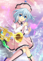 Rule 34 | 1girl, beamed quavers, blue eyes, blue hair, cloud, cross (crossryou), glowing, hat, instrument, matching hair/eyes, merlin prismriver, musical note, quaver, sky, solo, staff (music), touhou, trumpet
