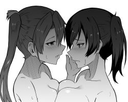 Rule 34 | 2girls, asymmetrical docking, blush, breast press, breasts, eye contact, greyscale, hair ribbon, highres, kaga (kancolle), kantai collection, large breasts, long hair, looking at another, medium breasts, monochrome, multiple girls, nude, ribbon, side ponytail, simple background, sweat, takaman (gaffe), twintails, upper body, white background, yuri, zuikaku (kancolle)