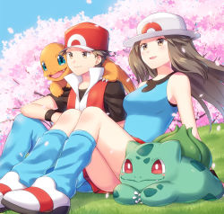 Rule 34 | 1boy, 1girl, blue pants, blue shirt, blue socks, blush stickers, brown eyes, brown hair, bulbasaur, charmander, closed mouth, commentary request, creatures (company), day, falling petals, fangs, game freak, gen 1 pokemon, grass, hat, jacket, leaf (pokemon), long hair, loose socks, nintendo, outdoors, pants, petals, pokemon, pokemon (creature), pokemon frlg, red (pokemon), red headwear, red jacket, red skirt, scbstella, shirt, shoes, short hair, short sleeves, skirt, sky, sleeveless, sleeveless jacket, sleeveless shirt, smile, socks, t-shirt, tree, white footwear, white headwear, wristband