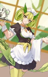 Rule 34 | 1girl, absurdres, apron, cowboy shot, cuffs, dragon girl, dragon horns, dragon tail, duel monster, frilled apron, frills, green hair, green thighhighs, hand up, highres, holding, holding tray, horns, maid, maid headdress, parlor dragonmaid, puffy short sleeves, puffy sleeves, short sleeves, siginjai, smile, solo, tail, teapot, thighhighs, towel on arm, tray, waist apron, yellow eyes, yu-gi-oh!