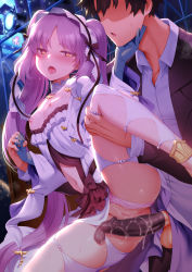 Rule 34 | 1boy, 1girl, after vaginal, aftersex, backlighting, bare shoulders, black hair, black jacket, blush, breasts, breasts out, cleft of venus, collarbone, condom, condom on penis, dress, dress shirt, euryale (fate), euryale (lostroom outfit) (fate), fate/grand order, fate/hollow ataraxia, fate (series), frilled hairband, frills, fujimaru ritsuka (male), gloves, grey gloves, hairband, has bad revision, has censored revision, hetero, highres, jacket, leg lift, long hair, looking at viewer, lostroom outfit (fate), m-da s-tarou, nipples, open mouth, panties, parted bangs, penis, purple eyes, purple hair, pussy, pussy juice, shirt, short hair, sidelocks, slit pupils, small breasts, spread legs, testicles, tongue, tongue out, twintails, uncensored, underwear, used condom, used condom on penis, very long hair, white dress, white panties, white shirt
