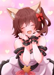 Rule 34 | 1girl, ^ ^, absurdres, animal ear fluff, animal ears, arm garter, bare shoulders, blush, brown hair, cat ears, closed eyes, commentary request, dress, facing viewer, fang, frilled wristband, heart, heart background, highres, idolmaster, idolmaster million live!, kasuga mirai, kemonomimi mode, one side up, pink background, raby vivid, skin fang, solo