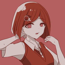 Rule 34 | 1girl, alternate costume, arm behind head, blazer, bob cut, commentary request, danganronpa (series), danganronpa v3: killing harmony, dot nose, hair ornament, hairclip, highres, jacket, looking to the side, piatin, red background, red eyes, red hair, red sweater, red theme, school uniform, shirt, short hair, simple background, solo, sweatdrop, sweater, sweater vest, white shirt, yumeno himiko