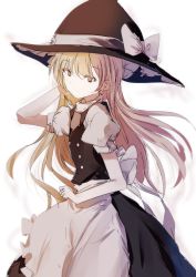 Rule 34 | 1girl, apron, black hat, blonde hair, bow, closed mouth, hand in own hair, hat, hat bow, highres, kirisame marisa, long hair, looking at viewer, natsume suzuri, puffy short sleeves, puffy sleeves, short sleeves, simple background, solo, standing, touhou, waist apron, white apron, white background, white bow, witch hat, yellow eyes