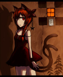Rule 34 | 1girl, alternate costume, animal ears, bad id, bad pixiv id, bare shoulders, braid, brown hair, cat ears, cat girl, cat tail, chemise, dress, female focus, gia, hair ornament, kaenbyou rin, letterboxed, long hair, multiple tails, red eyes, solo, strap slip, tail, touhou
