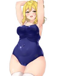 Rule 34 | 1girl, armpits, arms up, blonde hair, blush, braid, breasts, crown braid, highres, love live!, love live! sunshine!!, medium breasts, ohara mari, one-piece swimsuit, open mouth, plump, school swimsuit, shinonon (iso shino), solo, standing, swimsuit, thighhighs, wide hips, yellow eyes
