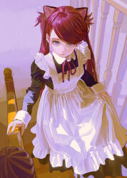 Rule 34 | 1girl, animal ears, apron, black dress, cat ears, cat girl, closed mouth, clothes lift, commentary, dress, dress lift, feiqizi (fkey), fkey, grey eyes, highres, lifted by self, long hair, long sleeves, looking at viewer, maid, maid apron, maid headdress, original, red hair, solo, stairs, symbol-only commentary, twintails, walking, white apron, wrist cuffs