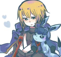 Rule 34 | 00s, 1boy, animal ears, arc system works, blazblue, blazblue: calamity trigger, blonde hair, blue eyes, cape, creatures (company), crossover, game freak, gen 4 pokemon, glaceon, green eyes, heart, japanese clothes, kisaragi jin, male focus, military, military uniform, nintendo, pokemon, pokemon (creature), pokemon dppt, smile, tail, uniform