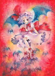 Rule 34 | 1girl, bat (animal), bat wings, blue hair, dated, dress, female focus, hand on own chin, hat, mary janes, mosho, painting (medium), red eyes, remilia scarlet, shoes, signature, smile, solo, touhou, traditional media, watercolor (medium), wings, wrist cuffs