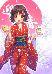 Rule 34 | 1girl, animal, bird, blush, brown eyes, brown hair, chick, collarbone, flower, hair flower, hair ornament, highres, holding, holding animal, ling si, looking away, open mouth, original, short hair, smile, solo