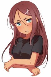 Rule 34 | 10s, 1girl, ahagon umiko, angry, black shirt, blue eyes, blush, breasts, brown hair, crossed arms, dark skin, dark-skinned female, hair ornament, highres, long hair, looking at viewer, new game!, parted lips, sekina, shirt, simple background, small breasts, solo, t-shirt, white background, x hair ornament