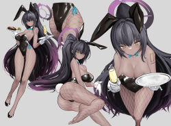 Rule 34 | 1girl, absurdres, animal ears, ass, black footwear, black hair, black hairband, black leotard, blue archive, blush, bow, bowtie, breasts, cleavage, closed mouth, commentary request, cup, curvy, dark-skinned female, dark skin, drinking glass, fake animal ears, feet, fishnet pantyhose, fishnets, gloves, gradient hair, grey background, hairband, halo, highres, holding, holding cup, holding tray, huge ass, karin (blue archive), karin (bunny) (blue archive), large breasts, leotard, long hair, looking at viewer, lying, miyamoya, multicolored hair, multiple views, no shoes, on side, pantyhose, playboy bunny, ponytail, purple hair, rabbit ears, shiny clothes, shiny skin, shoes, simple background, standing, strapless, strapless leotard, thong leotard, traditional bowtie, tray, very long hair, white gloves, wide hips, yellow eyes