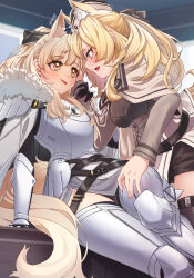 Rule 34 | 2girls, :p, animal ear fluff, animal ears, arknights, armor, armored boots, aunt and niece, belt, black belt, black bow, black gloves, black headwear, black shorts, black thighhighs, blemishine (arknights), blonde hair, blue eyes, blush, boots, bow, breastplate, breasts, capelet, closed mouth, commentary, eyelashes, face-to-face, fang, feet out of frame, fur trim, garrison cap, gauntlets, gloves, grey capelet, grey shirt, hair bow, hand on another&#039;s face, hat, highres, holding another&#039;s wrist, horse ears, horse girl, horse tail, incest, long hair, long sleeves, looking at another, medium breasts, multiple belts, multiple girls, open mouth, ponytail, seto tinami, shirt, short shorts, shorts, shoulder armor, signature, sitting, smile, standing, sweatdrop, tail, thighhighs, tongue, tongue out, whislash (arknights), yellow eyes, yuri, zettai ryouiki