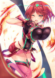 Rule 34 | 1girl, armor, bouncing breasts, breasts, covered navel, earrings, fingerless gloves, gem, gloves, headpiece, inoue takuya (tactactak), jewelry, large breasts, nintendo, open mouth, pyra (xenoblade), red eyes, red hair, red shorts, short hair, short shorts, shorts, shoulder armor, simple background, smile, solo, swept bangs, tiara, xenoblade chronicles (series), xenoblade chronicles 2