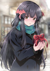 Rule 34 | 1girl, black hair, brown eyes, coat, commentary request, gift, green scarf, highres, holding, holding gift, long hair, nakahira guy, open mouth, original, partial commentary, scarf, solo, tokyo succubus, valentine, winter, winter clothes, winter coat, yuna (nakahiro guy)