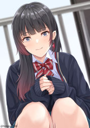 Rule 34 | 1girl, artist name, bad id, bad pixiv id, black hair, black jacket, blazer, blue eyes, blurry, blurry background, blush, bow, bowtie, closed mouth, commentary request, gradient hair, highres, jacket, long hair, multicolored hair, original, railing, red bow, red bowtie, red hair, school uniform, smile, solo, striped bow, striped bowtie, striped clothes, tenpa (tenpa2190), twitter username, watermark