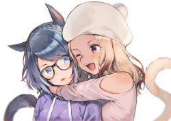 Rule 34 | 2girls, ;d, animal ears, warrior of light (ff14), bad id, bad twitter id, bare shoulders, beanie, black-framed eyewear, black hair, blue eyes, braid, brown eyes, cat ears, cat girl, cat tail, clothing cutout, commentary, crown braid, drawstring, facial mark, fang, fictional persona, final fantasy, final fantasy xiv, glasses, hat, hood, hood down, hoodie, hug, light brown hair, midorikawa you, miqo&#039;te, multiple girls, one eye closed, open mouth, original, purple hoodie, shirt, shoulder cutout, simple background, smile, symbol-only commentary, tail, tail raised, upper body, whisker markings, white background, white headwear, white shirt