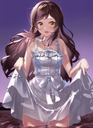 Rule 34 | 1girl, bare shoulders, blush, brown eyes, brown hair, dress, frilled dress, frills, highres, idolmaster, idolmaster million live!, idolmaster million live! theater days, kitazawa shiho, long hair, looking at viewer, open mouth, outdoors, parted bangs, sasa koutoyomu, skirt hold, sky, sleeveless, sleeveless dress, smile, solo, standing, swept bangs, wading, water, wet, white dress